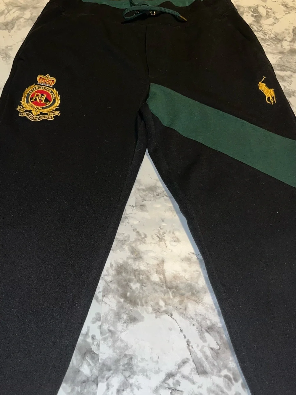 Ralph Lauren Black Sweatpants with Green Stripe and Gold Embroidery